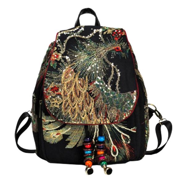 

backpack vintage canvas boho sequin for women - with phoenix embroidery