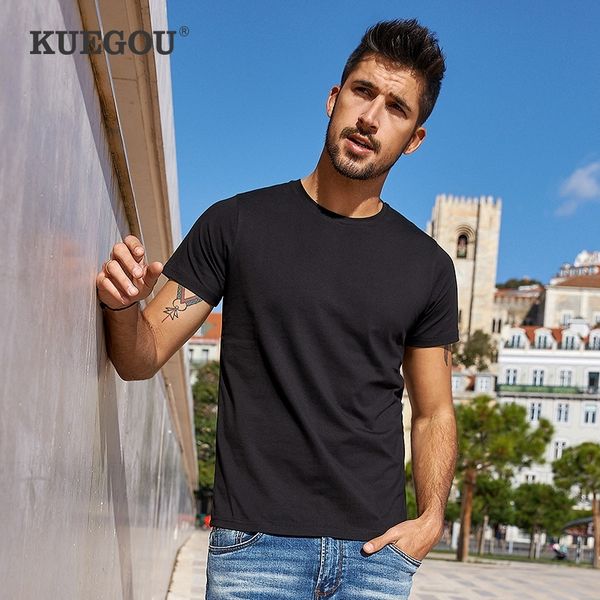 

kuegou 2021 summer cotton plain white t shirt men tshirt brand t-shirt short sleeve tee shirt for male clothes plus size 701 210317, White;black