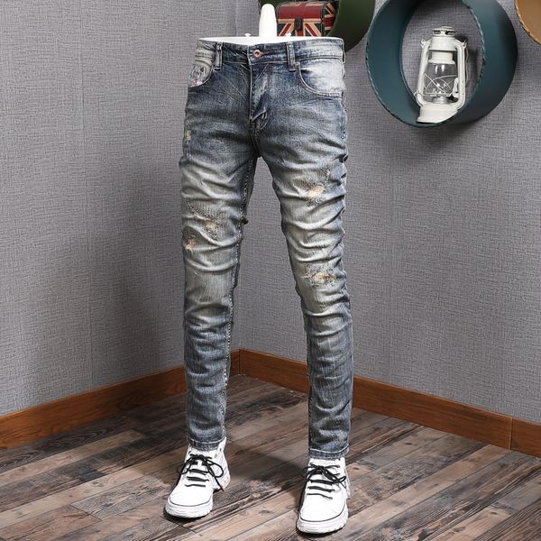 

2021 new italian style fashion men jeans retro blue wash elastic slim fit ripped denim pants patchwork vintage designer long trousers vgea
