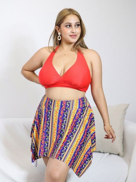 

plus ditsy floral halter skort bikini swimsuit z7ow#, Black