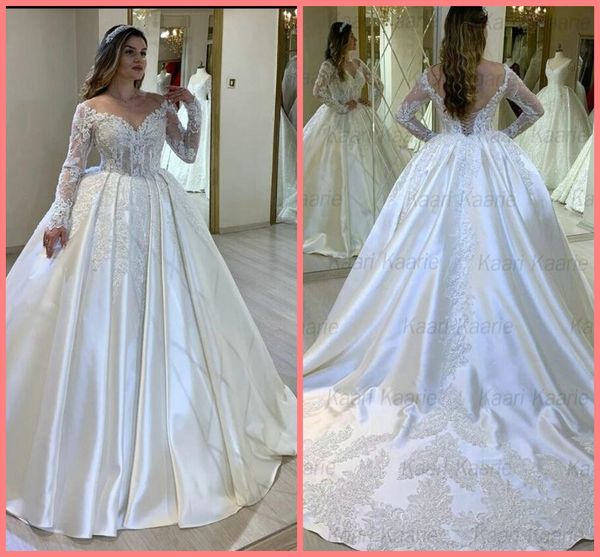 

luxury white wedding dresses v neckline long sleeves lace up appliqued beaded bride dress 2021 satin court train custom made wedding gowns
