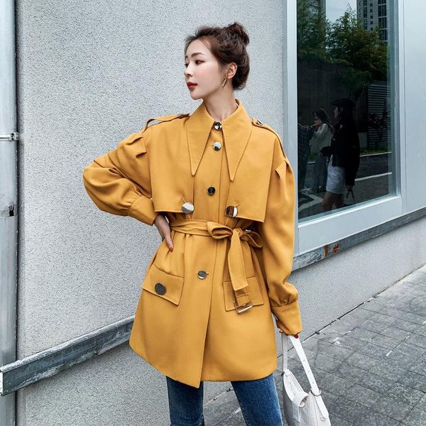 

ewq] 2021 spring long-sleeved pointed collar single breasted solid color loose lace up yellow windbreaker overcoat 8p094, Tan;black