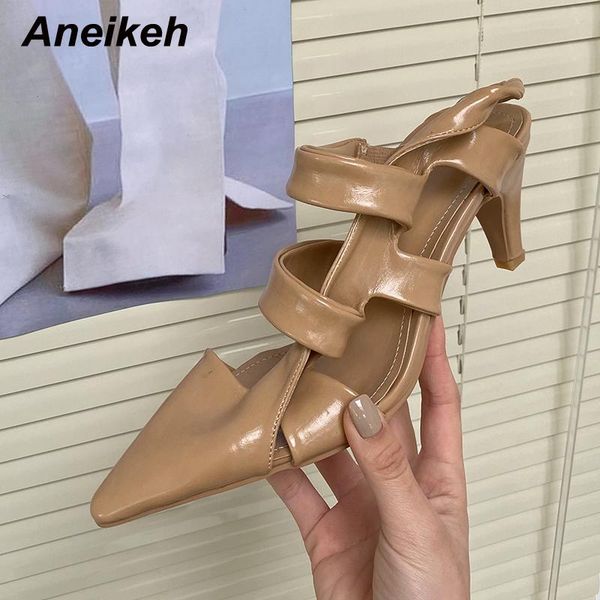

sandals aneikeh women shoe kobiet buty 2021 pu stiletto heels pointed toe slip-on leisure sewing dress solid apricot size 35-39, Black