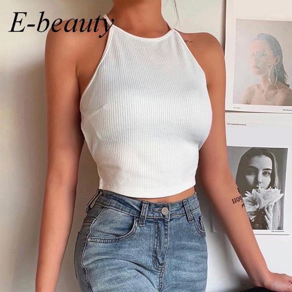 

women's tanks & camis tank crop vest solid harajuku korean female off shoulder knitted khaki white summer spaghetti strap basic wo