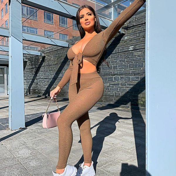 

hugcitar 2020 long sleeve wrapped bandage crop leggings 2 piece set autumn winter women fashion streetwear strethcy tracksui, White