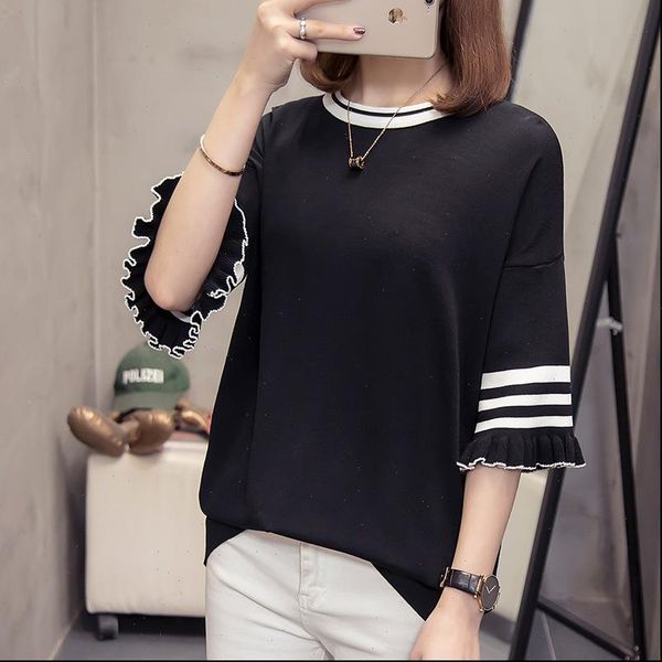 

large size womens 2021 spring and autumn short sleeve knitting sweater temperament ladies half butterfly sleeve pullover, White;black