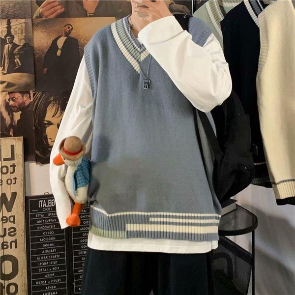 

men's vests knit sweater vest pullover sleeveless youth v-neck temperament pure color simple and versatile trend, Black;white