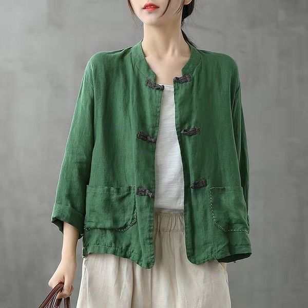 

women's jackets 2021 spring arts style women loose casual long sleeve o-neck coat vintga button double pocket cotton linen w47, Black;brown