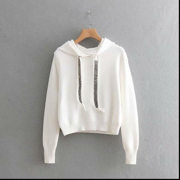 

women faux diamonds beading hooded knitted sweater long sleeve stretchy solid pullovers female casual chic, White;black
