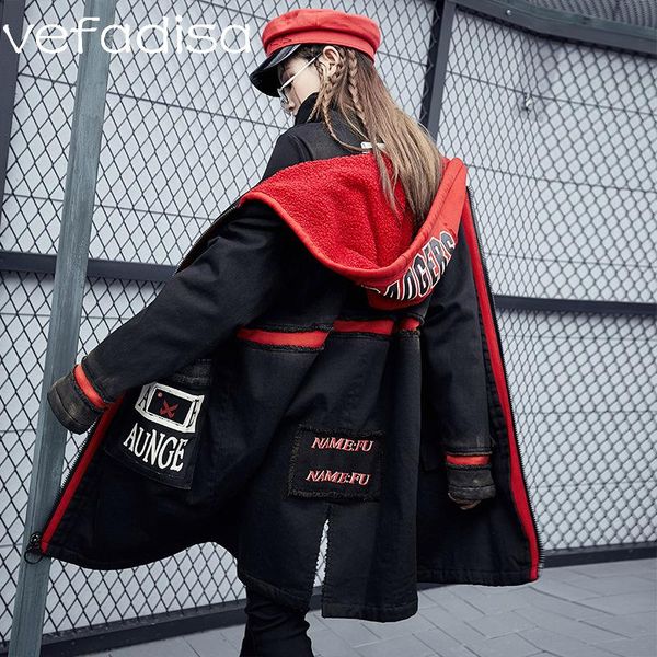 

women's trench coats vefadisa women color matching letter printing hooded overcoat 2021 winter thickness keep warm woolen coat dq546, Tan;black