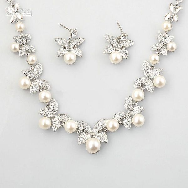 

earrings & necklace bride accessories wholesale earring two piece set butterfly crystal pearl wedding jewelry, Silver