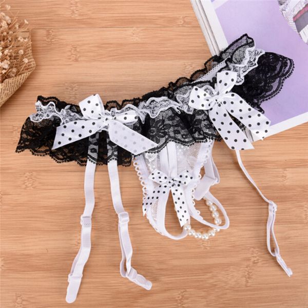 

1 pc women black lace jarretel bow lingerie garters open cross pearl panties jarret belt for stocking, Black;white
