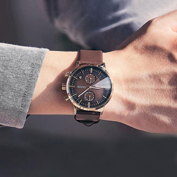 

wristwatches 2021 man quartz watch multifunctional calendar waterproof leather watchband two eyes round dial simple men g8095, Slivery;brown