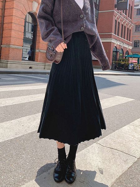 

popular waist length women's 2021 new high knitted slim mid a-line pleated wool skirt hot, White;black
