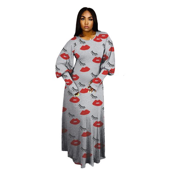 

2021 new fall maxi feminine neck flashlight ankle length dress casual fashion lip print tonight party of those h14e, Black;gray