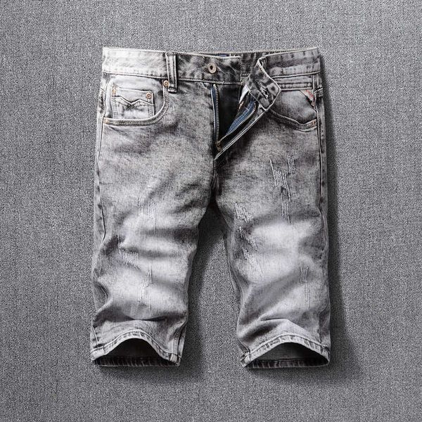 

summer fashion vintage designer men jeans retro gray elastic cotton distred ripped denim shorts italian style short a8zc, Blue