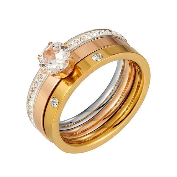 

wedding rings luxury 3 in 1stainless steel ring set cz crystal rhinestone gold color finger for women girls bride, Slivery;golden