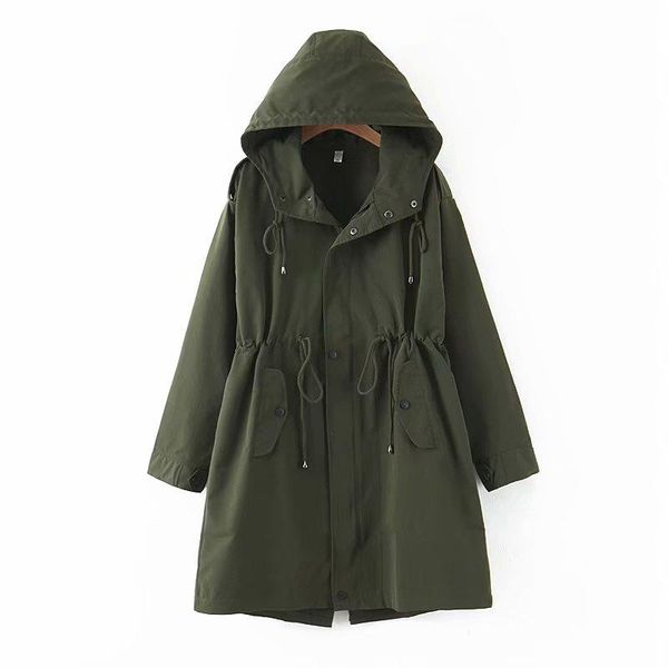 

women's trench coats puwd fashion women army green hooded coat 2021 autumn oversize female fold drawstring windbreaker ladies solid out, Tan;black