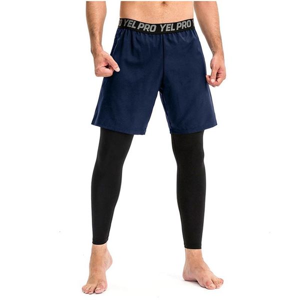 

running pants men fitness double-layer sports two-piece tight fit high bounce basketball quick dry breathable gym sportswear, Black;blue