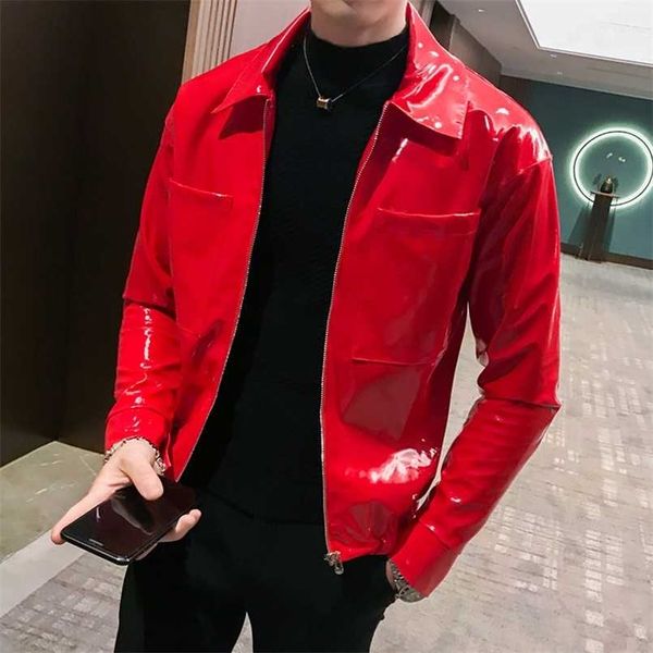 Jaqueta de couro Shinny Mens Jackets e Casacos Jaqueta Masculino Vermelho Vermelho Café Café Vestuário para Cantor Club Party Jacket Man 211201