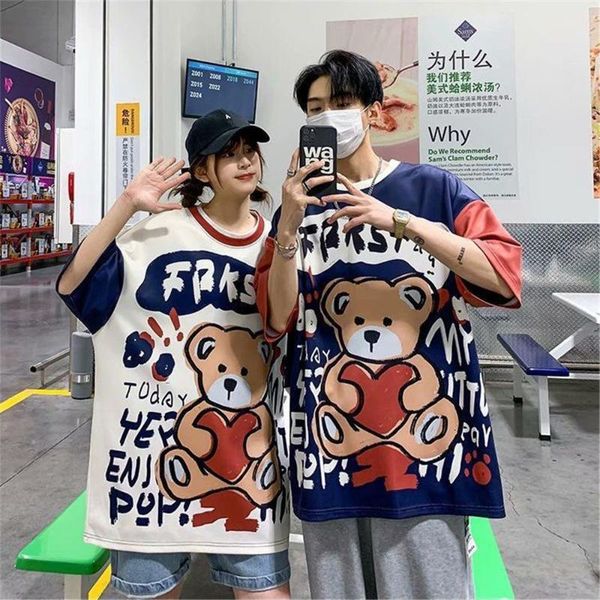 

women's t-shirt cartoon o neck tees hip hop cute loose t shirt femme funny casual summer amine oversize high street couple bear female, White