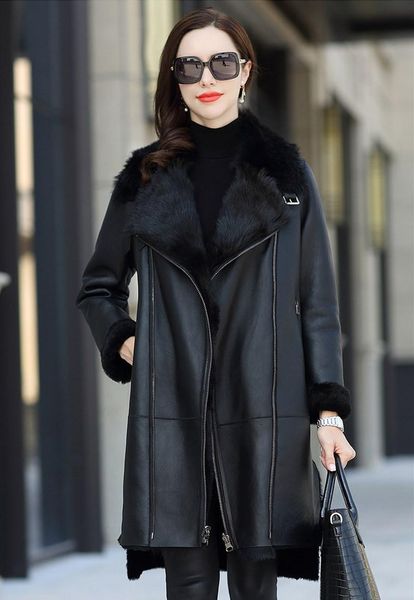 

women's fur & faux coat women sheep shearing overcoat leather winter jacket furstory fs20103b, Black