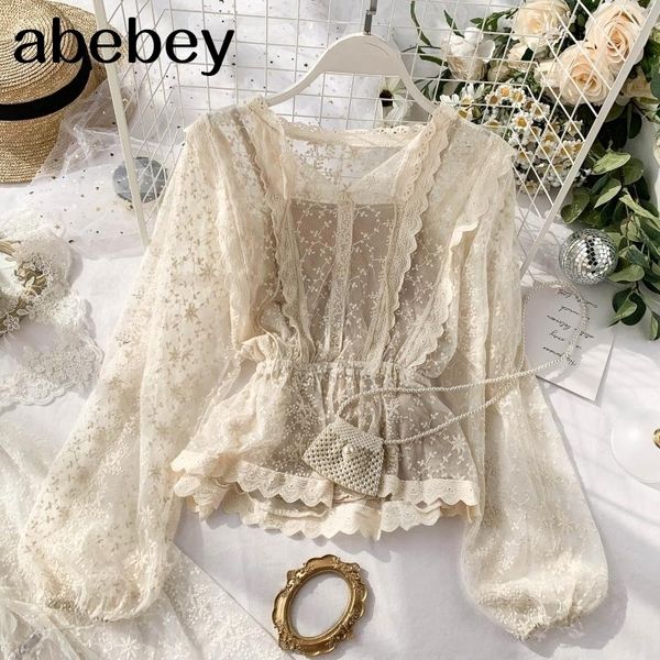 

autumn lace blouse shirt ladies french retro palace lantern sleeves lotus leaf lace shirts 210315, White