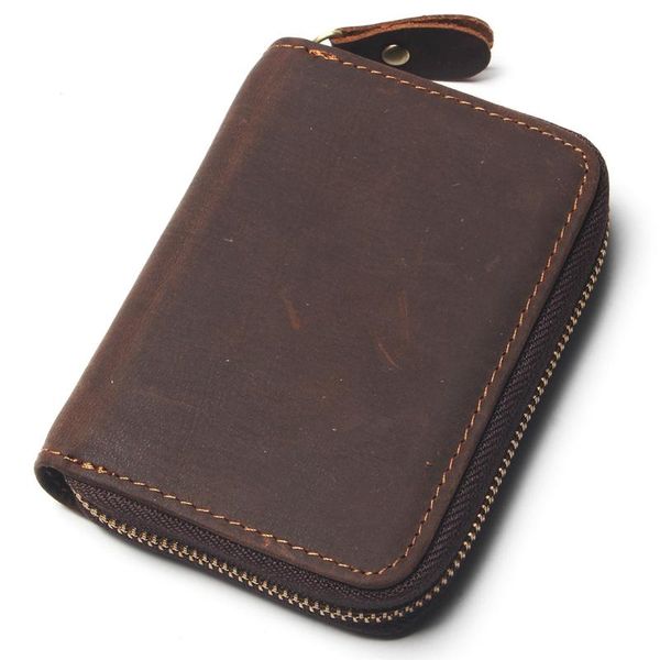 

card holders vintage 12 slots crazy horse leather purse men wallet women id zipper mini with multi, Brown;gray