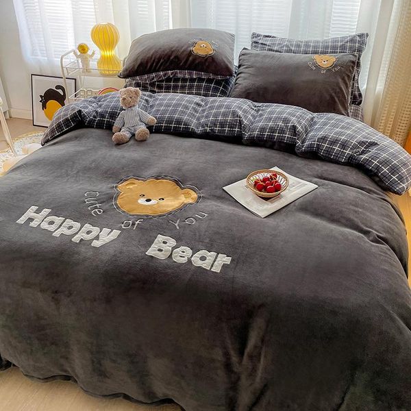 

bedding sets cartoon bear towel embroidery winter set thick crystal velvet 3/4pcs duvet cover coral fleece bed sheet