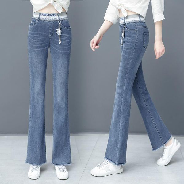 

women's jeans woman pants spring elastic high waist burrs pant loose pantalones vaqueros mujer, Blue