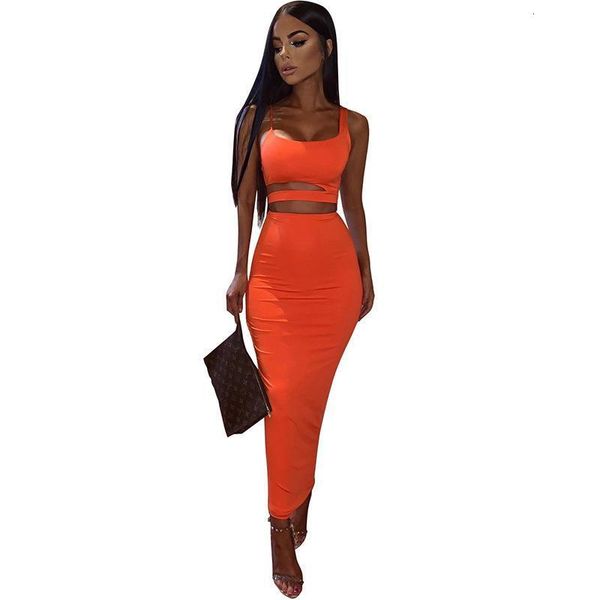 

women solid color strapless hollow out crop high waist elastic skinny long skirts two pieces set female fashion outfit, Gray