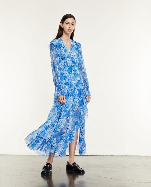 

casual dresses 2021 early autumn retro v-neck floral lantern sleeve ruffle dress, Black;gray