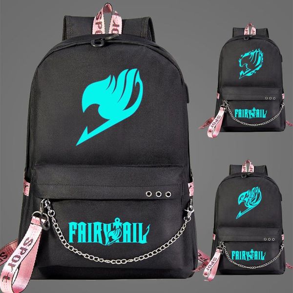 

backpack luminous blue light fairy tail prints boys girls kids school bag women usb chain canvas men bagpack bookbag