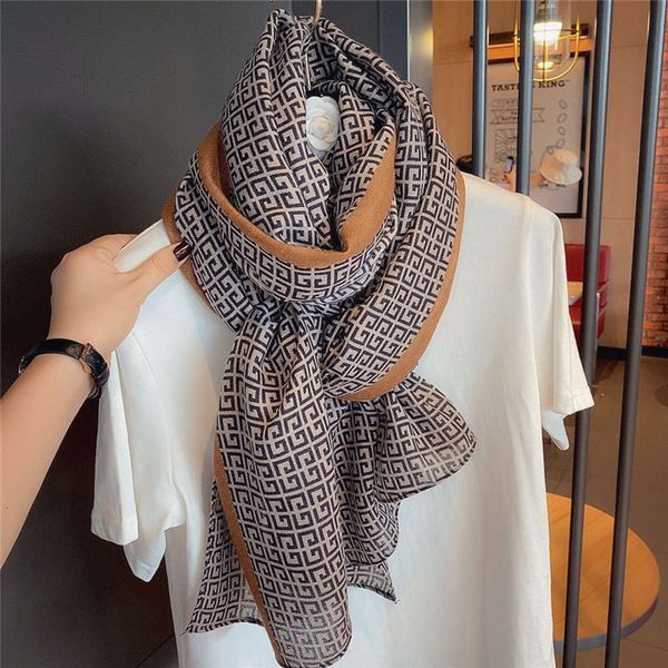 

temperament printed cotton linen scarf women's long versatile shawl, Blue;gray