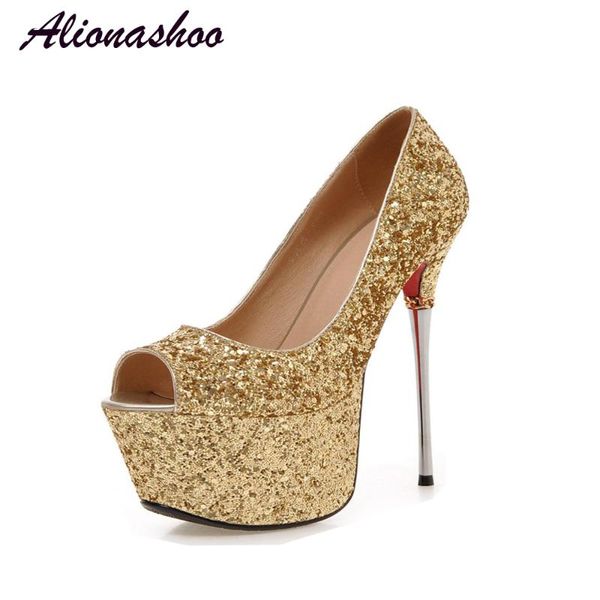 

dress shoes alionashoo 2021 party gold wedding women peep toe 16cm high heels pumps extreme 6cm platform 43, Black