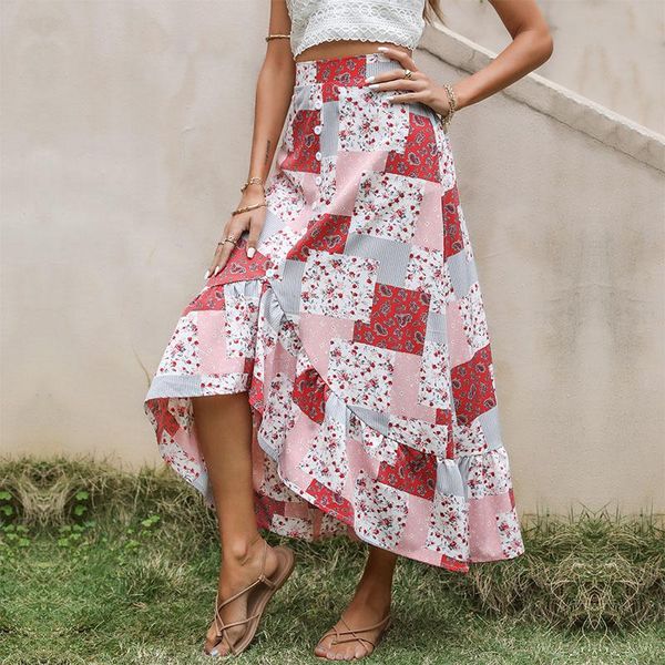 

skirts 2021 summer floral print skirt women casual buttons bodycon wrap skirks high waist elegant lady irregular beach party jupe femme, Black