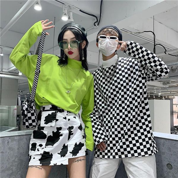 

harajuku bf new large size loose casual fashion hip hop personality cotton shirt female turtleneck plaid long sleeved tee, White