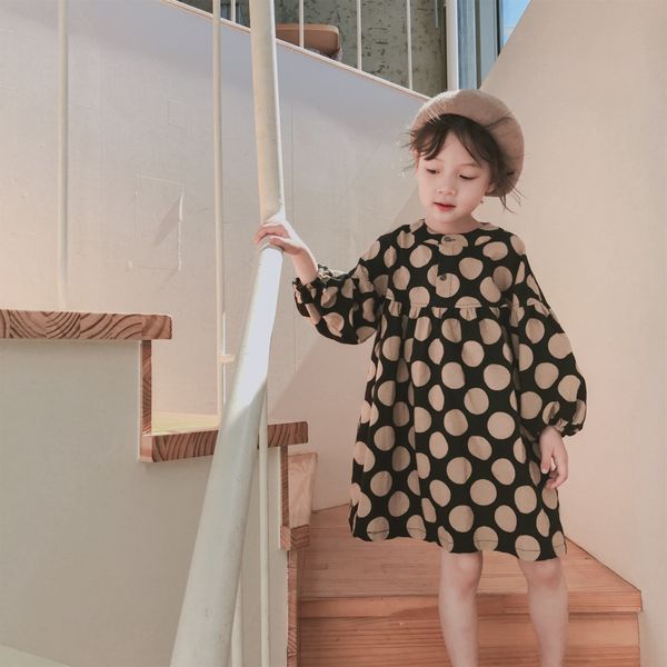 

autumn korean style fashion girls long sleeve dot printed dresses 100% cotton lantern sleeve casual dress children clothes 210303, Red;yellow