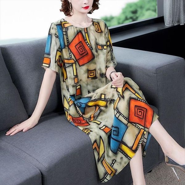 

summer style printed silk women dresses large size loose mother vestido de mujer femme robe, Black;gray
