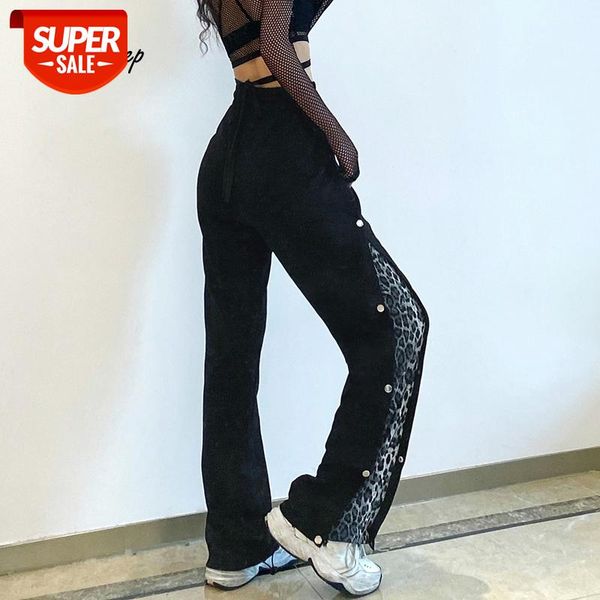 

weekeep leopard patchwork joggers women sweatpants casual drawstring high waist wide-leg pants straight harajuku trousers button #zf52, Black;white