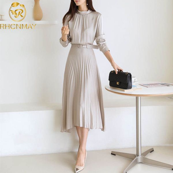 

elegant retro dress womens 2021 new solid color o-neck high waist lace-up waist slimming over-the-knee pleated dressswimwear bathing suits s, Black;gray