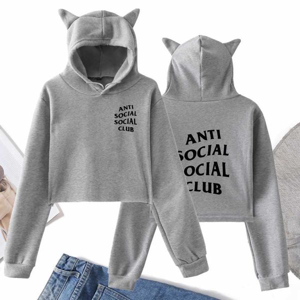 

anti social club fashion korean loose women's cat ear hooded1, Black
