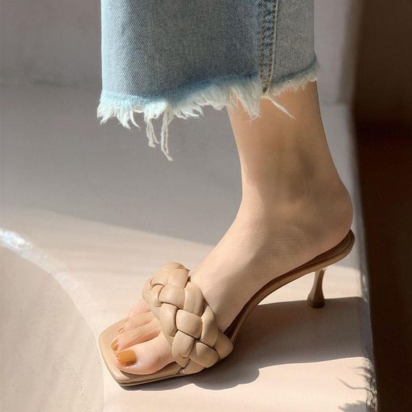 

sandals fashion women's weave heel mules female mid slippers slip on casual outdoor square toe luxury designer shoes summer 2021, Black