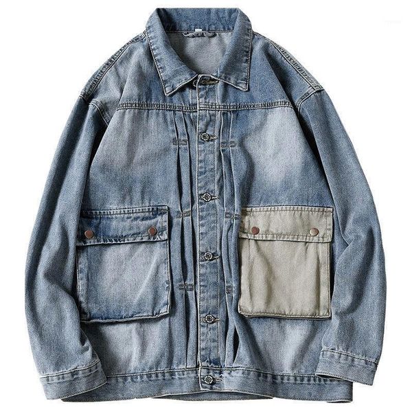 

men's autumn spring ripped denim jacket hole big pocket hip hop handsome loose lapel jackets & coats, Black;brown