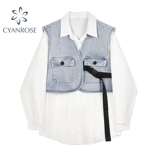 

women blouses two piece korean style lapel long sleeve fashion casual loose shirts fit outwear spring autumn 2021 female shirt, White