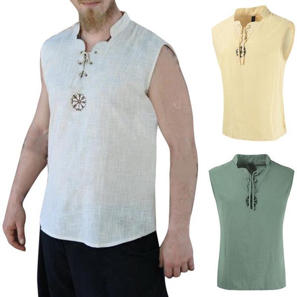 

men' tank mens clothing trend casual slim men summer fashion stand collar solid trendy sleeveless linen tank#g30, White;black