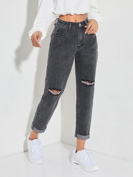 

petite ripped roll up hem mom fit jeans 515f#, Blue