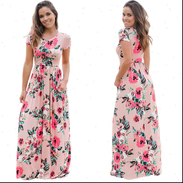 

large size 3xl 2021 new summer long dresses beach short sleeve o neck floral print robe dress ladies casual dress vestido, Black;gray