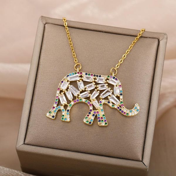 

pendant necklaces cubic zirconia elephant necklace for women retro boho animal zircon couple aesthetic jewerly collares, Silver