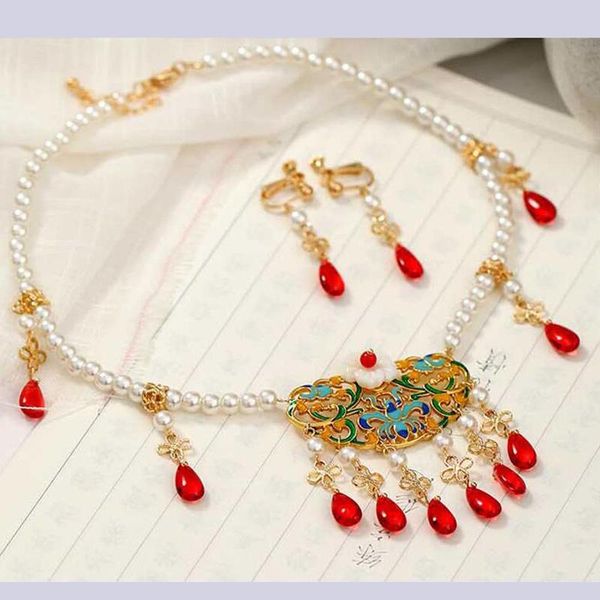

chains hanfu red crystal pearl retro classical necklace women man gift, Silver